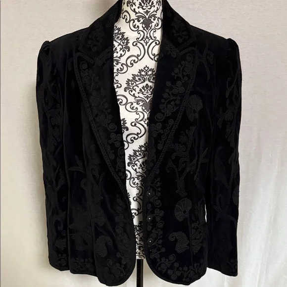 Vintage Nygard Collection Black Velvet Embroidered Cotton Women's Blazer Size 16 - Picture 3 of 15